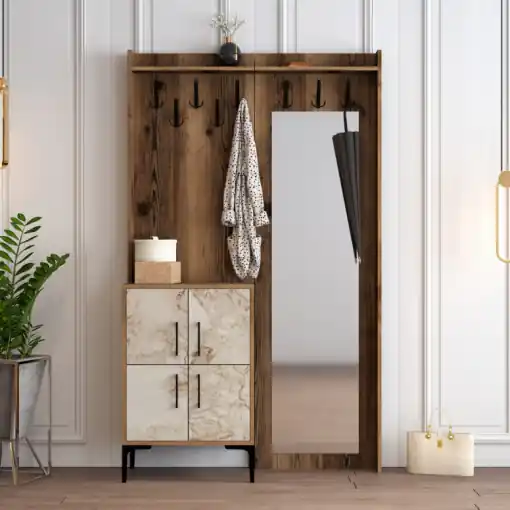 Cumpără online Cuier hol cu dulap Model Berlin, Nuc/Marmorat, 120x35x200 cm