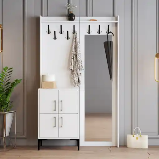 Cuier hol cu dulap Model Berlin, Alb, 120x35x200 cm Doar azi