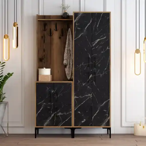 Cuier hol cu dulap Model Berlin, Nuc/Negru Marmorat, 120x35x200 cm Doar azi