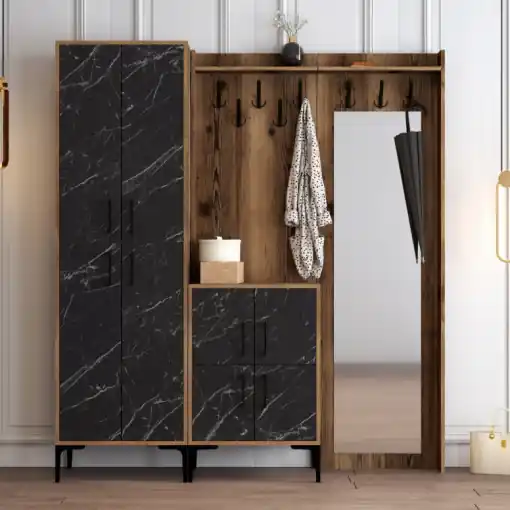Livrare expres Cuier hol cu dulap Model Berlin, Nuc/Negru Marmorat, 180x35x200 cm