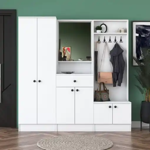 Cuier hol cu dulap Model Klein, Alb, 179.4x37.3x182.8x cm Plată securizată