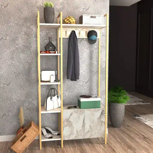 Nu rata Cuier hol cu dulap Model Doga, Auriu/Marmorat, 90x35x175 cm