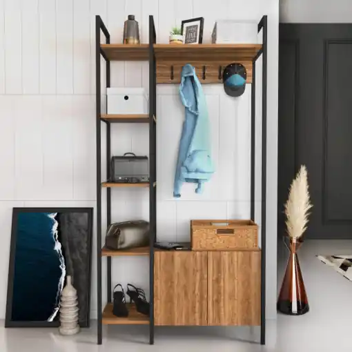 Super ofertă Cuier hol cu dulap Model Doga, Nuc/Negru, 90x35x175 cm