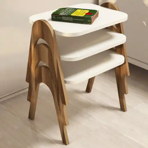 Popular Set 3 Masute de Cafea Model Issac, 48.6x35.5x42 cm, Nuc/Crem