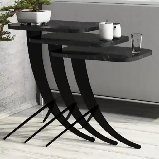 Expediere rapidă Set 3 Masute de Cafea Model Jaxxon, 35x60x45/35x54.5x45/35x48.5x45 cm, Negru Marmorat