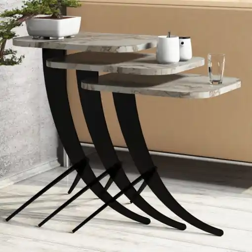 Set 3 Masute de Cafea Model Jaxxon, 35x60x45/35x54.5x45/35x48.5x45 cm, Alb Marmorat/Negru Livrare expres