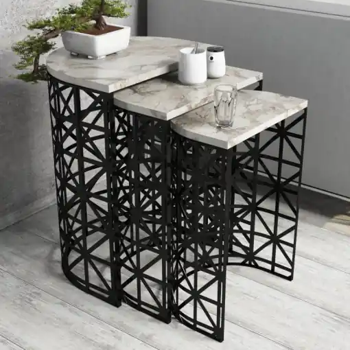 Cel mai vândut Set 3 Masute de Cafea Model Remi, 46x33x62/41x30x58/36x27x53 cm, Alb Marmorat/Negru