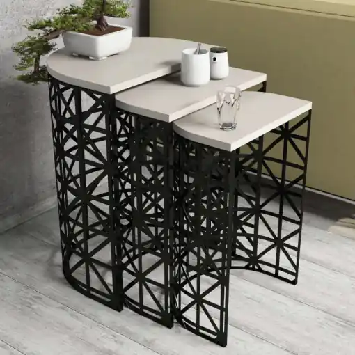 Set 3 Masute de Cafea Model Remi, 46x33x62/41x30x58/36x27x53 cm, Crem/Negru Popular