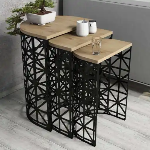 Cel mai vândut Set 3 Masute de Cafea Model Remi, 46x33x62/41x30x58/36x27x53 cm, Stejar/Negru