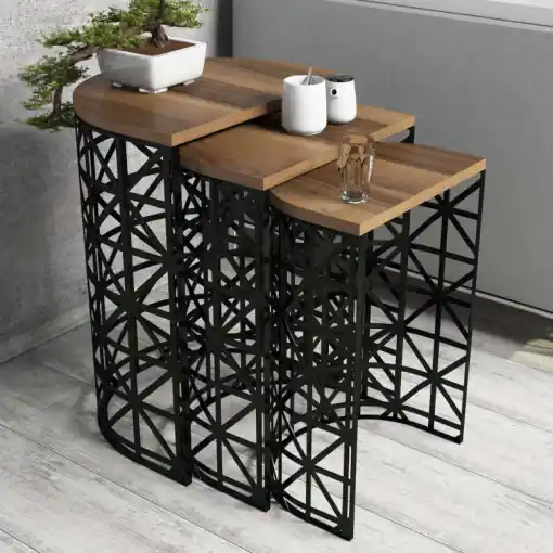 Set 3 Masute de Cafea Model Remi, 46x33x62/41x30x58/36x27x53 cm, Nuc/Negru Expediere rapidă