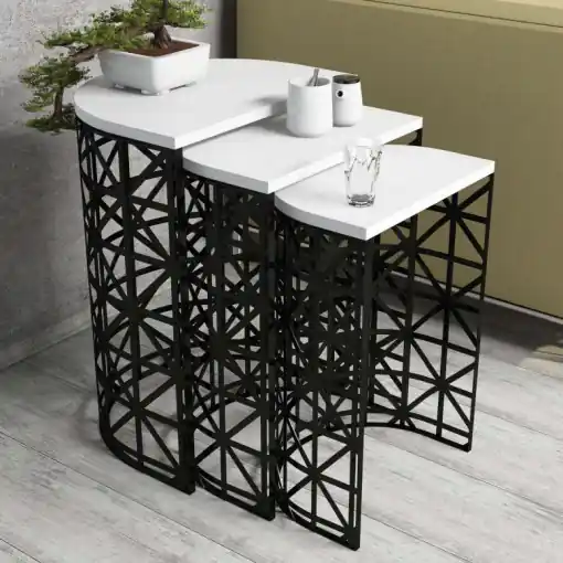 Set 3 Masute de Cafea Model Remi, 46x33x62/41x30x58/36x27x53 cm, Alb/Negru Retur ușor