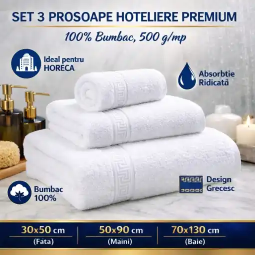 Set 3 Prosoape Hoteliere Albe, 100% Bumbac, 500 g/mp – Dimensiuni Diverse Disponibil imediat