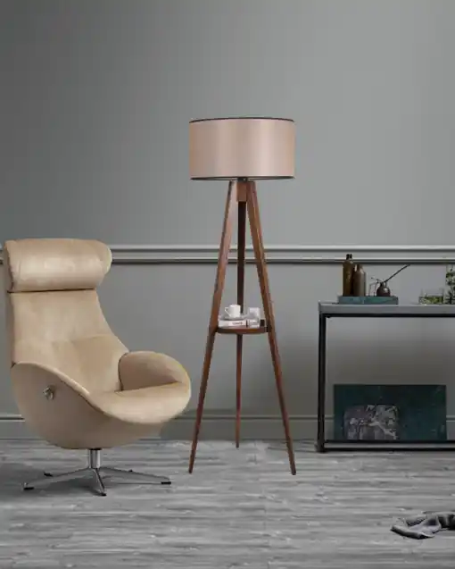 Lampadar Sehbalı Tripod Ceviz Lambader Silindir Açık Hasır Abajurlu Nuc Chilipir