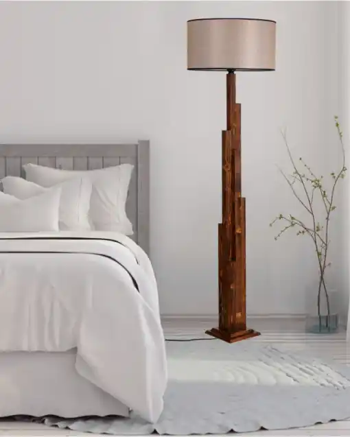 Lampadar Kule Ceviz Ahşap Lambader Silindir Koyu Hasır Abajurlu Nuc Doar azi