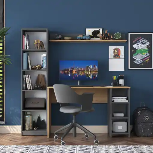 Reducere specială Birou cu Biblioteca Salvador, model HA116, 160x161.8x45 cm, Nuc/ Antracit