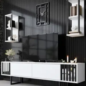 Comoda TV Salvador, Model Chrome, 180x48x30 cm, Alb/Negru Plată securizată