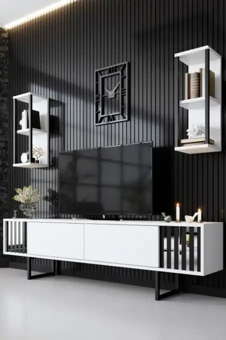 Comoda TV Salvador, Model Chrome, 180x48x30 cm, Alb/Negru Plată securizată