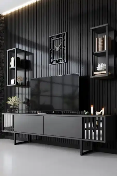 Comoda TV Salvador, Model Chrome, 180x48x30 cm, Antracit/Negru Plată securizată