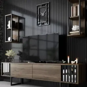 Comoda TV Salvador, Model Chrome, 180x48x30 cm, Nuc/Negru Promoție