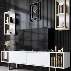 Comoda TV Salvador, Model Gold, 180x48x30 cm, Alb/Negru Ultima șansă