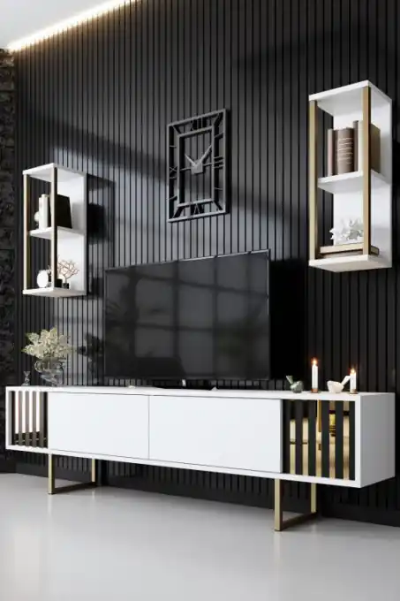 Comoda TV Salvador, Model Gold, 180x48x30 cm, Alb/Negru Ultima șansă