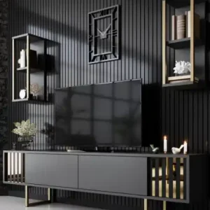 Preț promoțional Comoda TV Salvador, Model Gold, 180x48x30 cm, Antracit/Negru