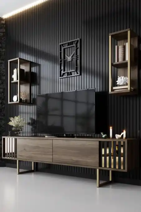 Comoda TV Salvador, Model Gold, 180x48x30 cm, Nuc/Negru Livrare rapidă