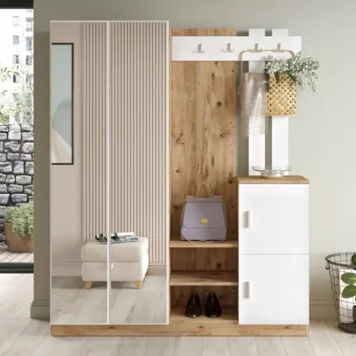 Premium Dulap pentru hol Model DD8, Pin/Alb, 147.2x37.5x179.7 cm