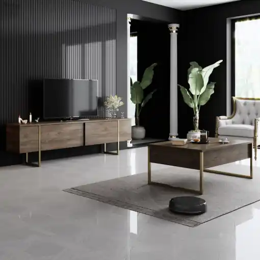 Reducere de preț Set de mobilier pentru living Luxe, Nuc- Auriu