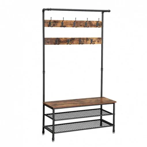 Cuier cu bancuta si suport pantofi Model Davila, Maro Rustic/Negru, 97x41.5x182 cm Reduceri