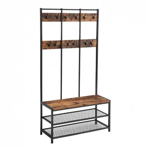 Cuier cu bancuta si suport pantofi Model Carr, Maro Rustic/Negru, 100x40x184 cm Expediere rapidă
