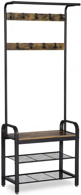 Cuier cu bancuta si suport pantofi Model Clay, Maro Rustic/Negru, 183x72x33.7 cm Cumpărături sigure