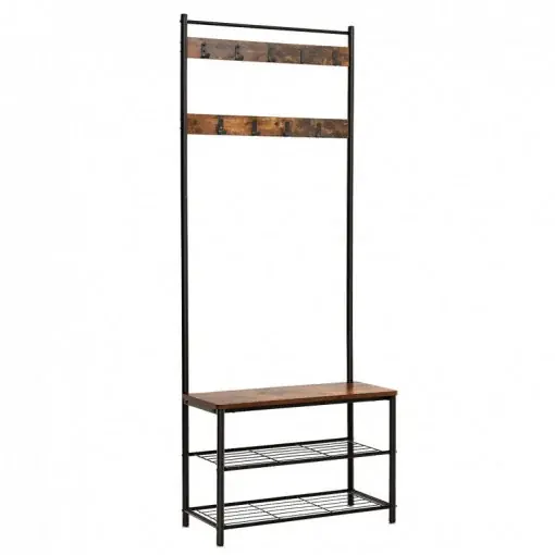 Cuier cu bancuta si suport pantofi Model Wu, Maro Rustic/Negru, 70x32.5x175 cm Calitate înaltă
