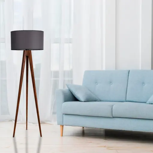 Ofertă specială Lampadar Tripod Ceviz Lambader Silindir Koyu Gri Abajurlu Gri/Nuc
