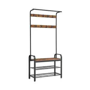 Cuier cu bancuta si suport pantofi Model Felix, Maro Rustic/Negru, 33.7x84x183 cm Cel mai vândut
