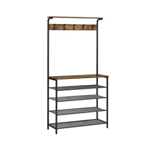 Cel mai vândut Cuier cu bancuta si suport pantofi Model Black, Maro Rustic/Negru, 80 x 31.5 x 183.5 cm