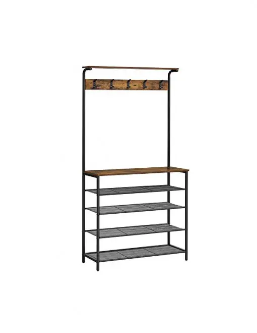 Cel mai vândut Cuier cu bancuta si suport pantofi Model Black, Maro Rustic/Negru, 80 x 31.5 x 183.5 cm