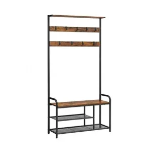 Cuier cu bancuta si suport pantofi Model Benjamin, Maro Rustic/Negru, 85x30x180.5 cm Cumpără acum