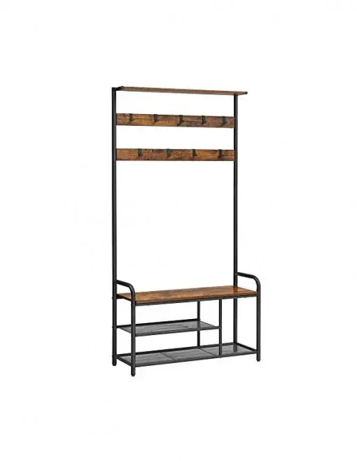 Cuier cu bancuta si suport pantofi Model Benjamin, Maro Rustic/Negru, 85x30x180.5 cm Cumpără acum