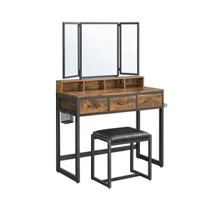 Masa de Toaleta cu oglinda si taburet Model Uriel, Negru/Maro rustic, 90x40x141 cm Retur gratuit