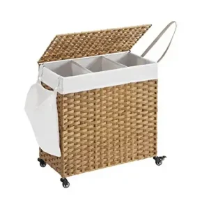Promoție Cos pentru rufe cu roti, Songmics, 140L, Natural, 66 x 33 x 60 cm