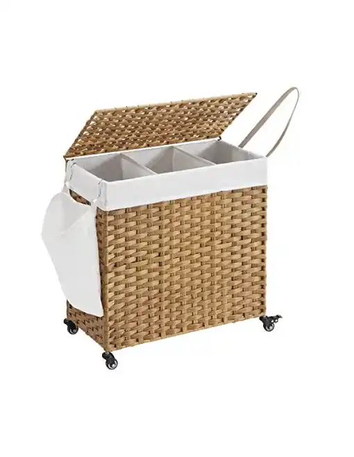 Promoție Cos pentru rufe cu roti, Songmics, 140L, Natural, 66 x 33 x 60 cm