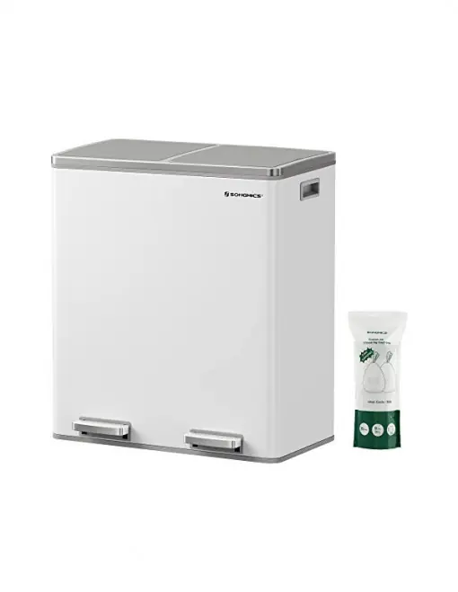 Promoție Cos pentru recilare dublu, Songmics, 2 x 30L, Alb, LTB60WT, 59 x 32 x 65 cm
