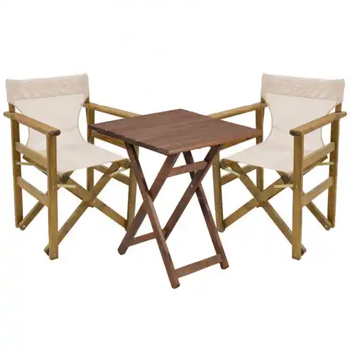 Set de gradina masa si scaune Retto 3 bucati din lemn masiv de fag culoarea nuc, PVC bej 60x60x71cm Noutate