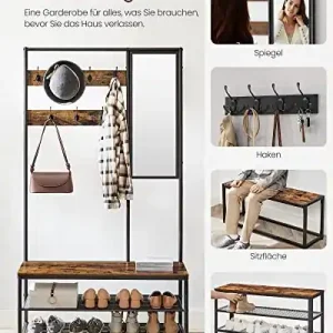 Plată securizată Cuier cu bancuta si suport pantofi Model Hale, Maro Rustic/Negru, 98×35×180 cm