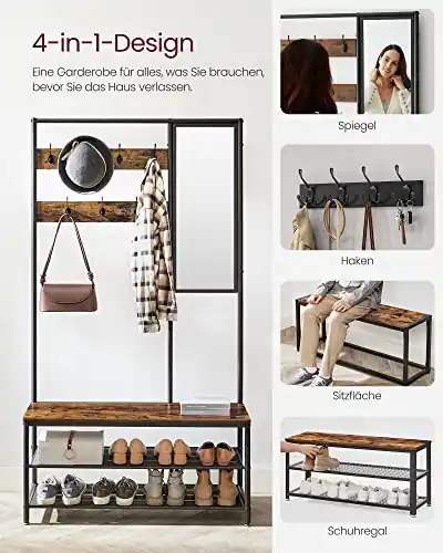 Plată securizată Cuier cu bancuta si suport pantofi Model Hale, Maro Rustic/Negru, 98×35×180 cm