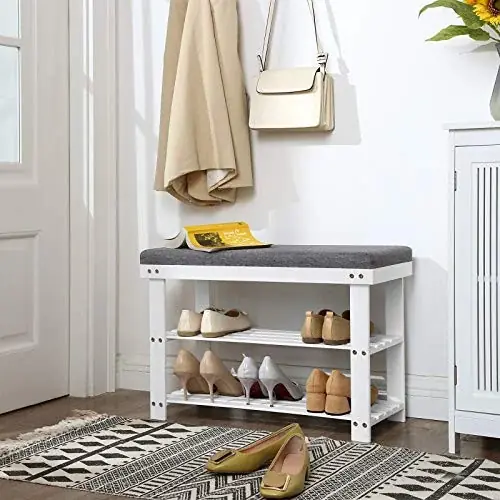 Ieftin Banca cu suport pantofi Model Asher, Alb / Gri, 71x29x49 cm