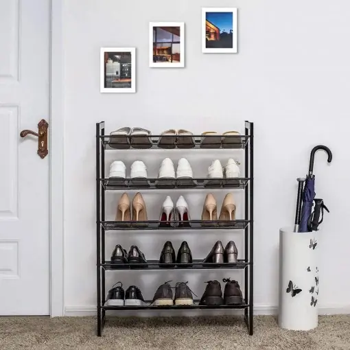 Ofertă specială Suport pantofi, 5 polițe Model Armani, Negru, 74x30.5x103.8 cm
