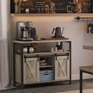 Bufet Multifuncțional cu 2 uși glisante Model Nellie, Gri/Negru, 100x33x80 cm Preț promoțional