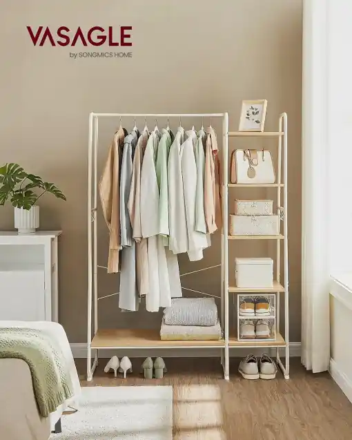 Cuier cu rafturi Model Bryan, Natur/Alb, 120×45×160 cm Preț mic